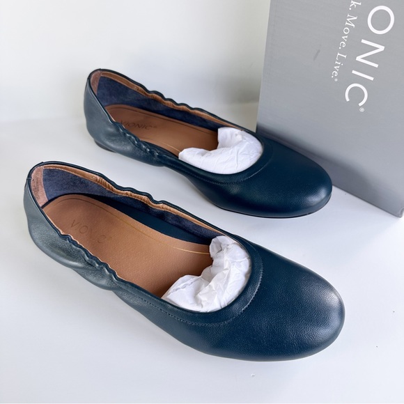 Vionic Leather Ballet Flat Shoes Navy Women's Slip On